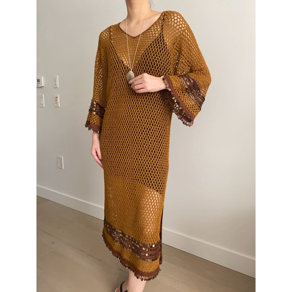 Zara mustard crochet knit bell sleeve sequin embellished kaftan dress - Picture 4 of 9